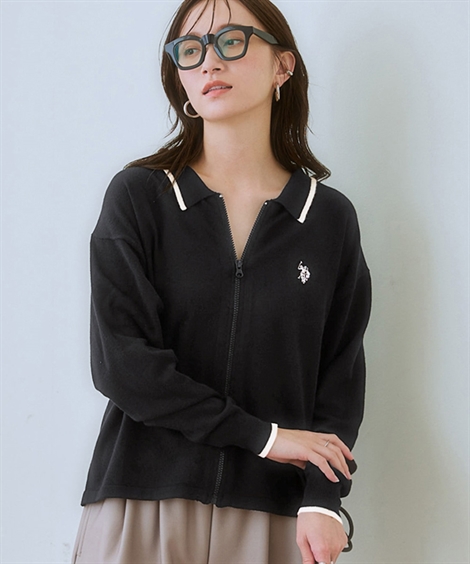 カーディガン レディース U.S. POLO ASSN. 衿付ライン入  羽織り S/M/L/LL ニッセン nissen ニッセン カーディガン レディース U.S. POLO ASSN. 衿付ライン