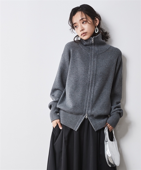 カーディガン 大きいサイズ レディース ハイネック ジップアップ ニット シックス タイル 対応 冬  羽織り M〜5L ニッセン nissen ニッセン カーディガン 大きいサイズ レディース ハイネック