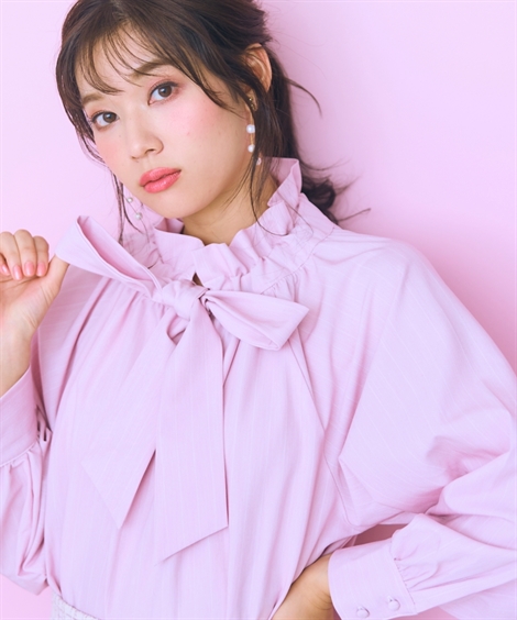 シャツ ブラウス レディース ピンストライプリボンタイ marun L/LL/3L/4L/5L ニッセン nissen ニッセン シャツ ブラウス レディース ピンストライプリボンタイ