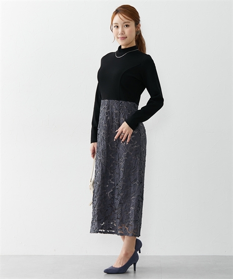 ワンピース ロング マキシ レディース 大きい胸専用 プチ ハイネック レース ドッキング 長袖 春 秋 冬 ひざ下 | 3L | ニッセン nissen ニッセン（nissen） ワンピース ロング マキシ レディース 大きい胸