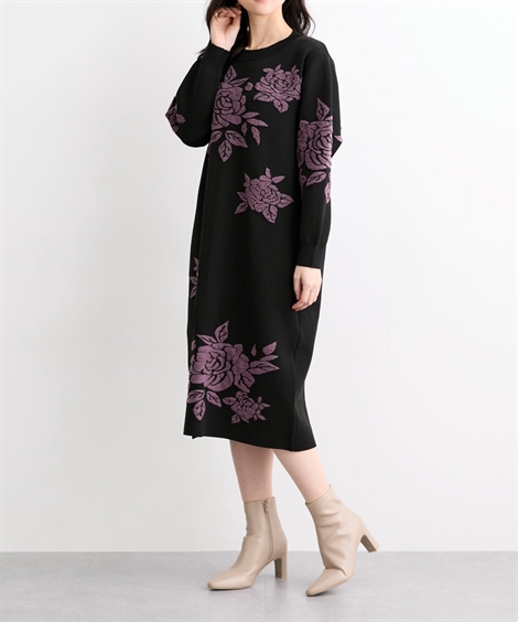 ワンピース ひざ丈 レディース ローズモチーフ ジャガード ニット Hana服 S/M/L ニッセン nissen ニッセン（nissen） ワンピース ひざ丈 レディース ローズモチーフ