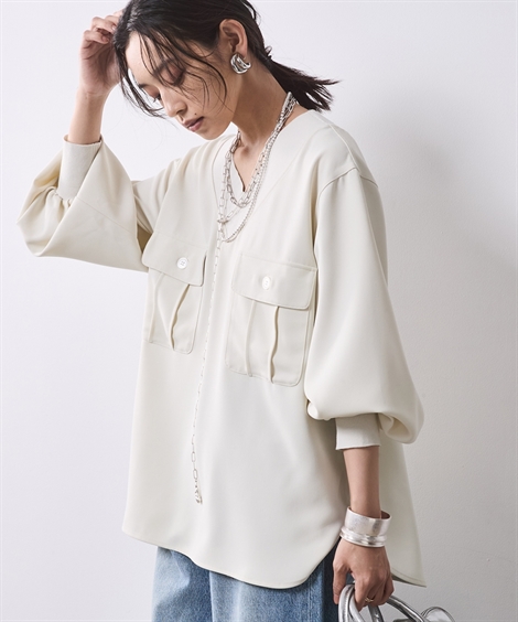 シャツ ブラウス 大きいサイズ レディース リブ衿 Vネック 有 シックス タイル 6L/8L/10L ニッセン nissen ニッセン（nissen） シャツ ブラウス 大きいサイズ レディース リブ衿