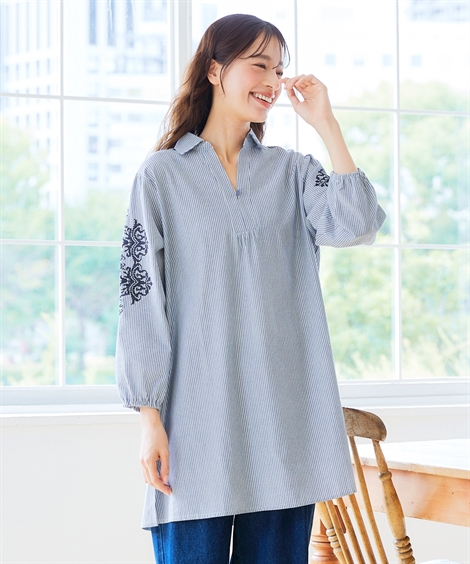シャツ ブラウス 大きいサイズ レディース 刺しゅう使い先染 チュニック 8L/10L ニッセン nissen シャツ ブラウス 大きいサイズ レディース 刺しゅう使い先染