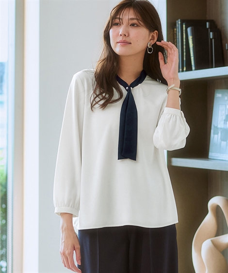 ブラウス シャツ ストレッチチェックボウタイ付きブラウス レディース ストレッチボウタイブラウス【洗濯機洗い可/イージーアイロン/防