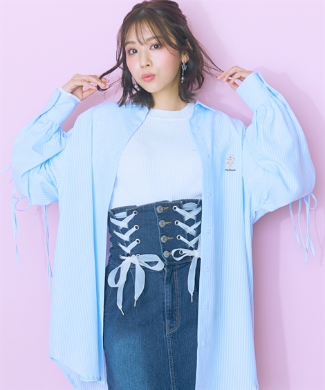 シャツ ブラウス レディース くまちゃん刺しゅうスリットリボン ロング marun L/LL/3L/4L/5L ニッセン nissen ニッセン シャツ ブラウス レディース くまちゃん刺しゅう