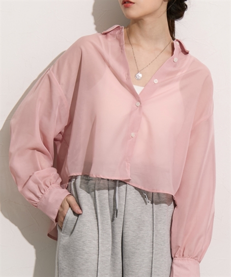 新品タグ付きJUSGLITTYシアーショートシャツMピンク ニッセン レディース ショート 丈シアー シャツ 春 夏 | S/M