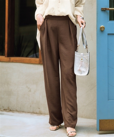 パンツ ワイドパンツ レディース しぼサテンインタックとろみイージー