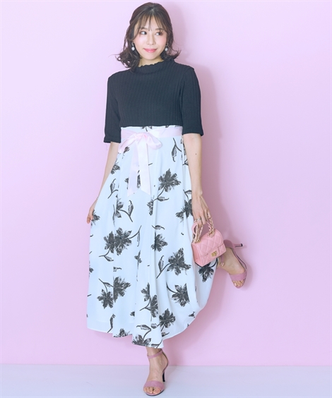 ワンピース ロング マキシ レディース フェザー花柄 デザイン