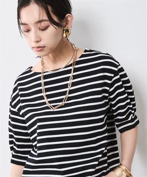 Tシャツ カットソー レディース 綿100％ ボーダータックパフスリーブ プルオーバー 有 シックス タイル 夏 M〜5L ニッセン nissen ニッセン Tシャツ カットソー レディース 綿100％ ボーダー