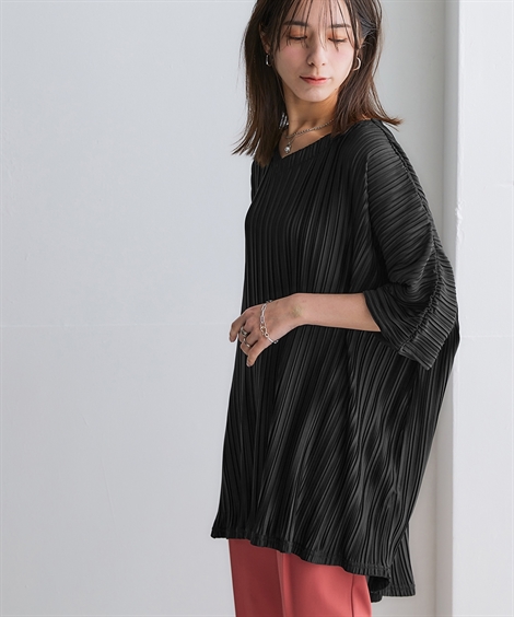 新品☆ネイビー 五分袖チュニックとブラックパンツ UNTITLED トゥービーシック TO BE CHIC シアサッカー ストレッチ ペプラム