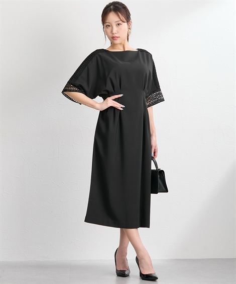 ワンピース ロング マキシ レディース 大きい胸専用 キーネック 半袖 ウエスト タック ポケット付 春 秋 冬 ひざ下 | 3L | ニッセン nissen ニッセン（nissen） ワンピース ロング マキシ レディース 大きい胸