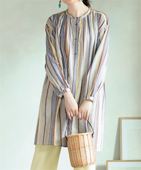 チュニック カラー ストライプ ワンピース アトランダム 夏 体型カバー お尻隠れる  | M〜L/LL | ニッセン nissen ニッセン（nissen） チュニック カラー ストライプ ワンピース アト