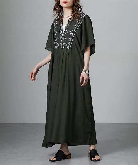ニッセン ワンピース ロング マキシ レディース フロント刺しゅう