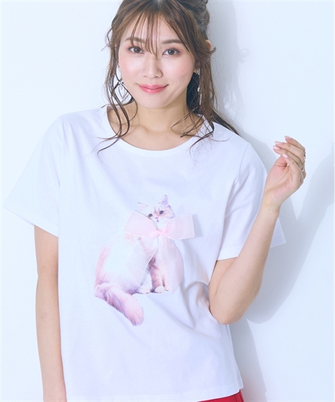 Tシャツ カットソー 大きいサイズ レディース キャット プリント 裏毛 スウェット marun 6L/8L/10L ニッセン nissen ニッセン Tシャツ カットソー 大きいサイズ レディース キャット