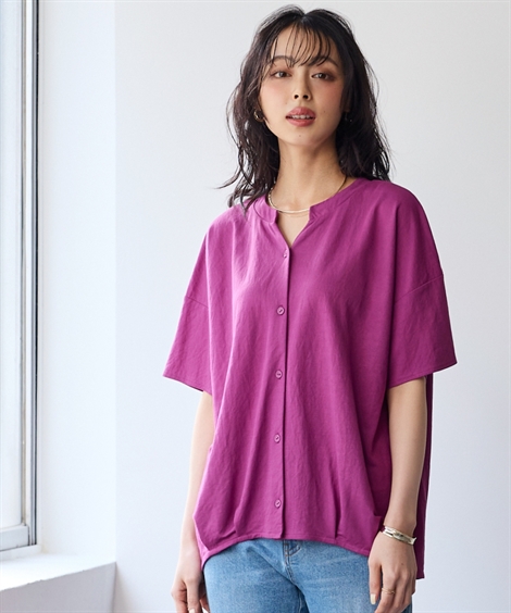 シャツ ブラウス 大きいサイズ レディース 美ラクRUタッチフロントタック5分袖キーネック 接触冷感 抗菌防臭 UVカット 夏 | 8L/10L | ニッセン nissen 大きいサイズ＞美ラクRUタッチフロントタック5分袖キーネック