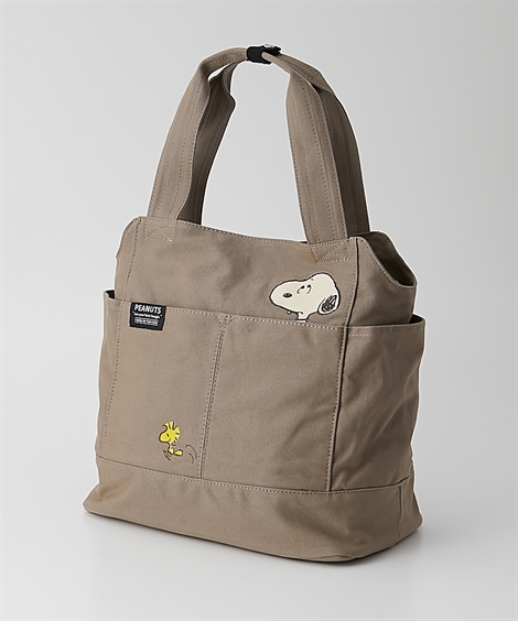 スヌーピー バッグ スヌーピー12ポケット肩ひも長め異素材コンビ2WAYトートバッグ