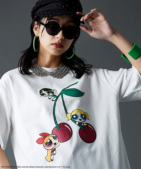 Tシャツ カットソー レディース パワーパフ ガールズ/ 綿100％ チェリー柄ヴィンテージ風 プリント GEVS. 夏 | M〜5L | ニッセン nissen Tシャツ カットソー レディース パワーパフ ガールズ/ 綿100