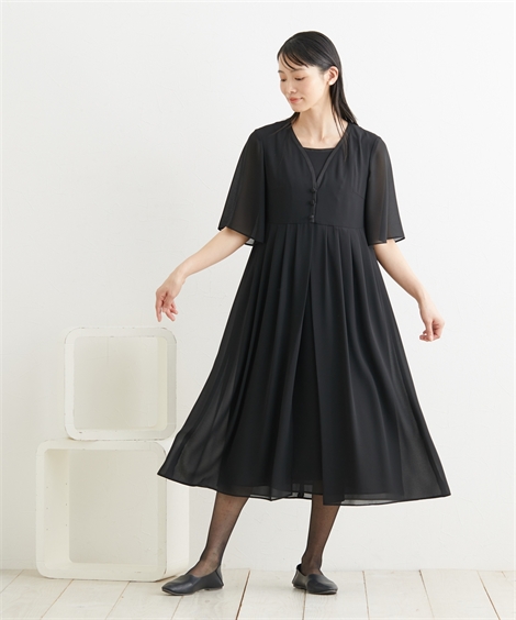 喪服 礼服 ブラックフォーマル レディース 洗える防しわ 前開き 重ね着風 ワンピース 有 〔Neina〕 夏 冠婚葬祭 フォーマルスーツ  | LL/3L | ニッセン nissen ニッセン（nissen） 喪服 礼服 ブラックフォーマル レディース 洗える