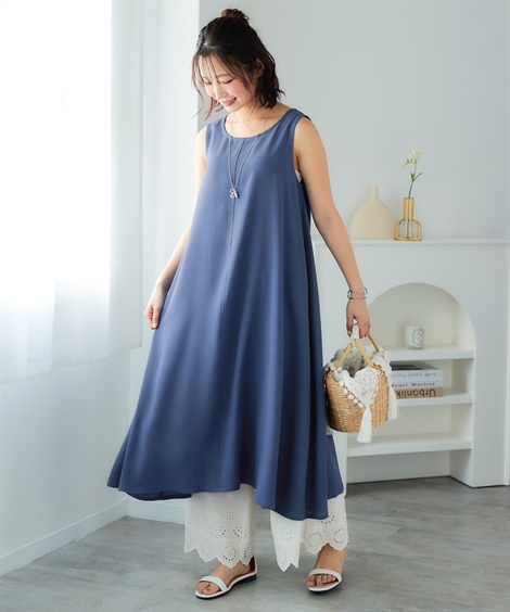 1270　ドーリーシーン　ブルー　プリーツ　ノースリーブワンピース　日本製　春夏 小さいサイズ 綿混裾切替ノースリーブワンピース 低身長さん