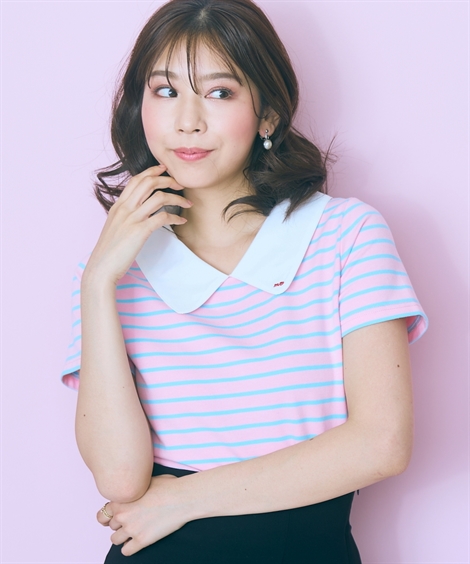 Tシャツ カットソー レディース 衿元刺しゅう シャツ ボーダー トップス marun 夏 | 6L/8L/10L | ニッセン nissen ニッセン Tシャツ カットソー レディース 衿元刺しゅう シャツ