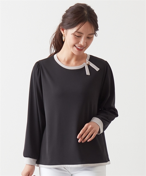 ニッセン（nissen） Tシャツ カットソー 衿ぐり配色リボン付 長袖 プル