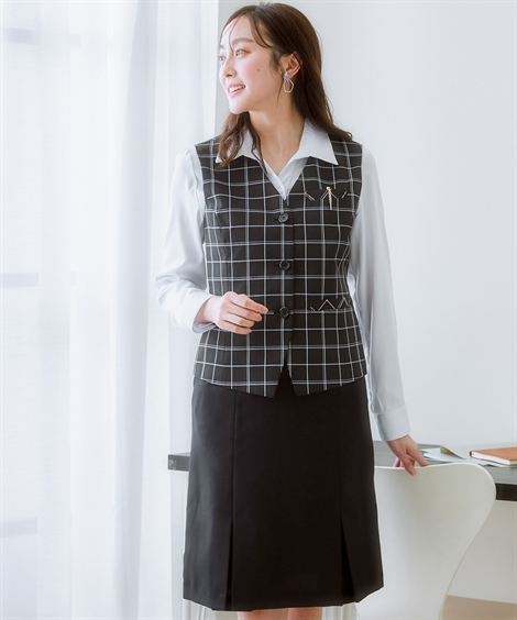 事務服 ベストスーツ 大きいサイズ レディース 会社制服 ベスト スーツ ＋ボックス プリーツ スカート 抗菌防臭 テープ付 有 春 夏 秋 4L/5L ニッセン nissen ニッセン（nissen） 事務服 ベストスーツ 大きいサイズ レディース