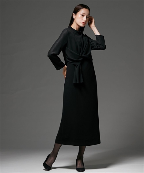 喪服 礼服 ブラックフォーマル レディース 日本製生地使用 洗える防しわ レース エンボスフロント デザイン ワンピース 〔Callarus〕 ニッセン nissen ニッセン（nissen） 喪服 礼服 ブラックフォーマル レディース 日本製