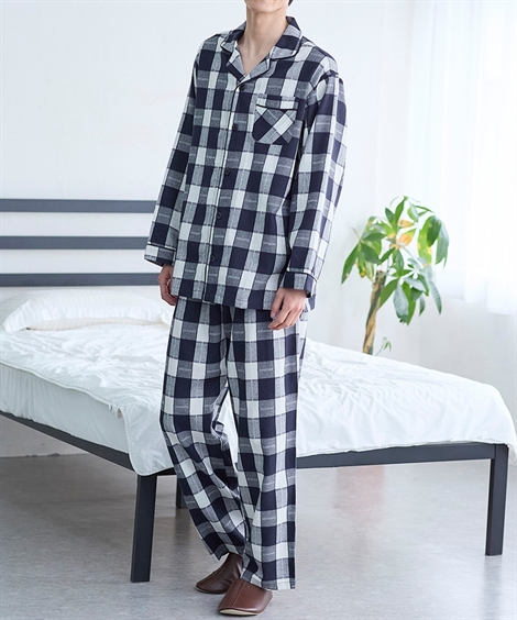 ニッセン（nissen） パジャマ メンズ 先染チェック 前開き 春 秋 部屋