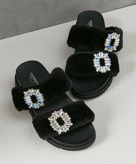 レディース ゆったり幅広 もこファー サンダル ワイズ4E 春 秋 冬 靴 シューズ | 23.0〜23.5/24.0〜24.5cm | ニッセン nissen