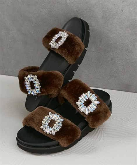 ニッセン（nissen） レディース ゆったり幅広 もこファー サンダル