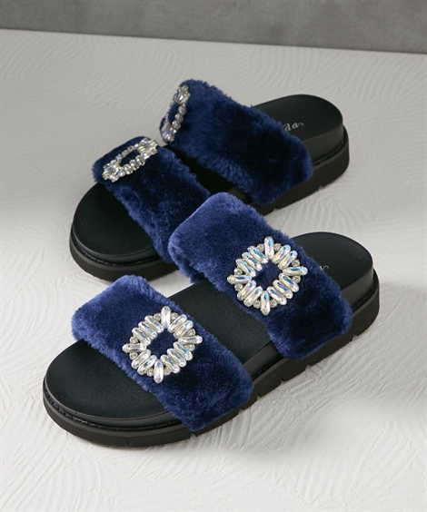 ニッセン（nissen） レディース ゆったり幅広 もこファー サンダル