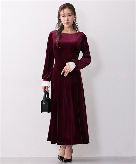 ワンピース ロング マキシ レディース 大きい胸専用 るなさんコラボ 袖 プリーツ ベロアワンピ―ス 冬 ひざ下 | 3L | ニッセン nissen_1