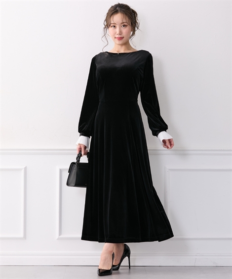 ワンピース ロング マキシ レディース 大きい胸専用 るなさんコラボ 袖 プリーツ ベロアワンピ―ス 冬 ひざ下 | 3L | ニッセン nissen_2