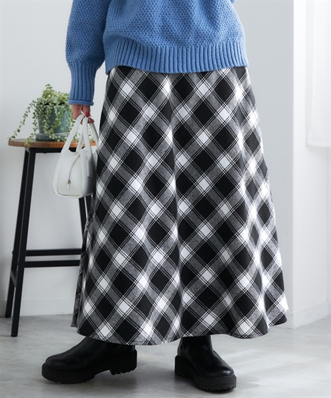 プリーツプリーズ 巻きスカート チェッカーフラッグ柄 4 XL相当 グレー ニッセン（nissen） ロングスカート レディース 静電防止裏フリース付