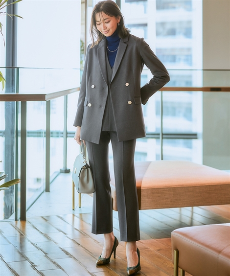 スーツ レディース ダブルブレスト ジャケット 3点セット ＋ ベスト ストレート パンツ ストレッチ ウール調シリーズ 冬 ビジネス | 4L/5L/6L | ニッセン nissen ニッセン（nissen） スーツ レディース ダブルブレスト ジャケット 3点