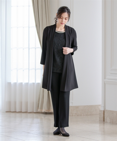 喪服 礼服 ブラックフォーマル レディース 袱紗も入るポケット仕様 洗える防しわパール調 アクセサリー 付き羽織り風 ブラウス ＋ ストレッチ パンツ スーツの画像