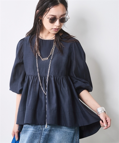 ANAYI ギャザー ノーカラー シャツ ブラウス ブルゾン ネイビー 日本製 Sono（ソーノ） ブラウス シャツ 「SONO/ソーノ」「SONO NAVY/ソーノ