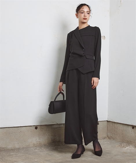 喪服 礼服 ブラックフォーマル レディース 洗える防しわ 前開き アシメ ジャケット ドッキング デザイン ブラウス ＋ワイド パンツ セットアップ 〔Callarus〕の画像