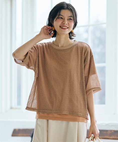 カットソー(半袖/袖なし) hand pattern mesh KNIT T-shirt ニッセン（nissen） トップス Tシャツ カットソー レディース 2点
