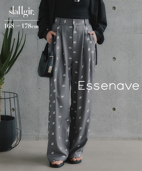 パンツ ワイドパンツ トールサイズ レディース 高身長 花柄刺しゅうツイルタック Essenave 夏 大きいサイズ ゆっ_1