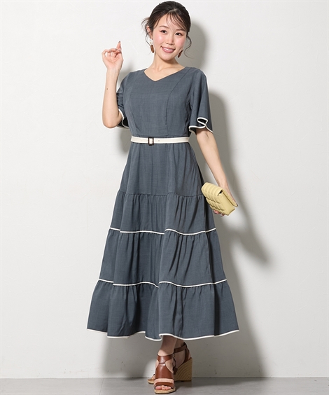 ワンピース ロング マキシ レディース 大きい胸専用 るなさんコラボ 配色パイピングティアード 夏 ひざ下 ニッ_1