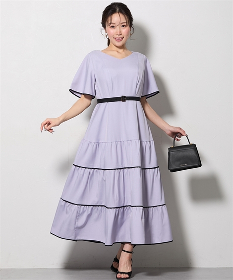 ワンピース ロング マキシ レディース 大きい胸専用 るなさんコラボ 配色パイピングティアード 夏 ひざ下 ニッ_2
