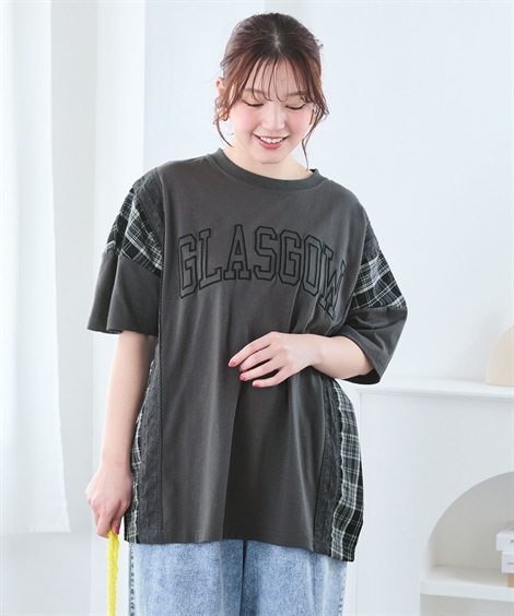 長袖カットソー チェック柄 トップス ニッセン（nissen） Tシャツ カットソー レディース チェック柄切替