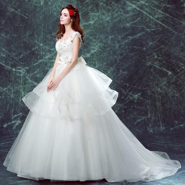 ウエディングドレス 花嫁 半袖 二次会 ウェディングドレス 安い 結婚式 プリンセス エンパイア ロングドレス ブライダル 白 サッシュベルト  Wedding Dress ドレス、ブライダル