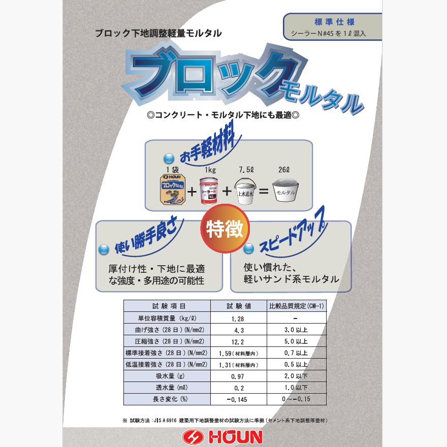 ブロック下地調整軽量モルタルで、軽いサンド系モルタルになります。 コンクリート・モルタル下地にも最適です。豊運、ブロックモルタル（25kg/）。