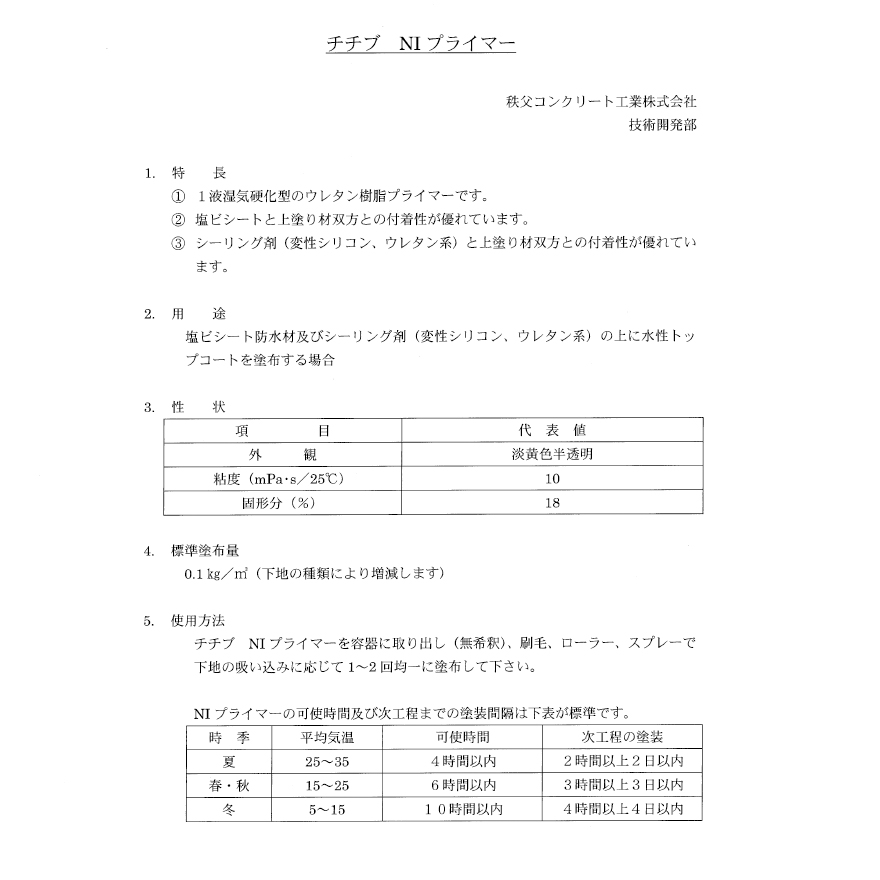 チチブNIプライマー（15kg／缶）床用・水性トップコート用プライマー、秩父コンクリート工業株式会社。
