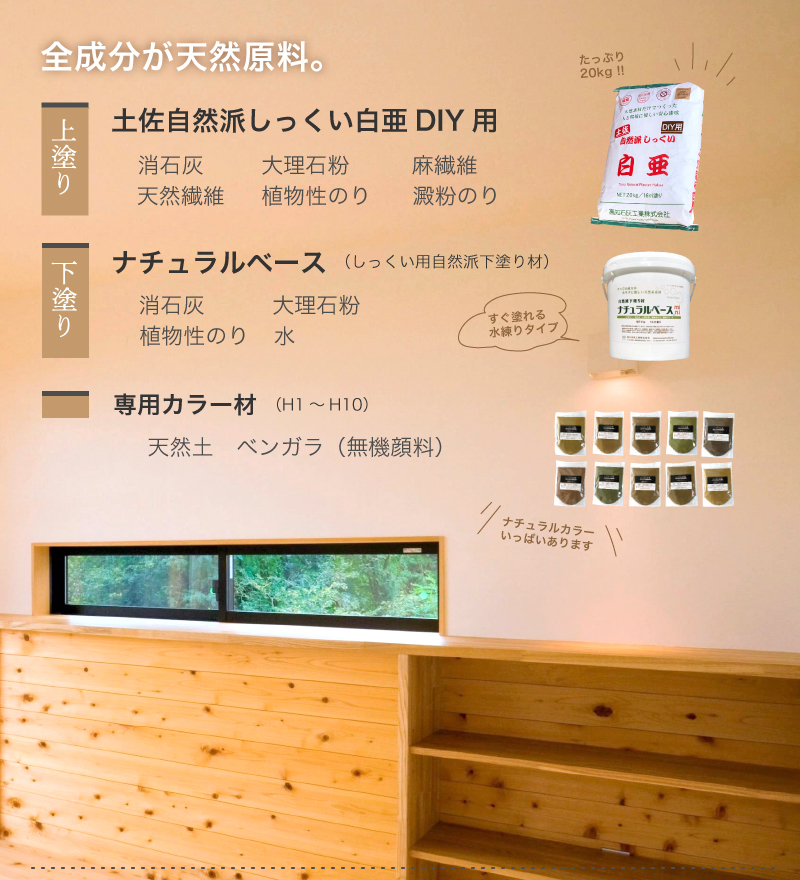 天然素材のしっくい。たっぷり20kg（約16平米分）土佐・自然派しっくい・白亜（20kg／袋）高知石灰工業株式会社。創業大正7年の老舗メーカー、リフォーム・DIY・土佐しっくい。