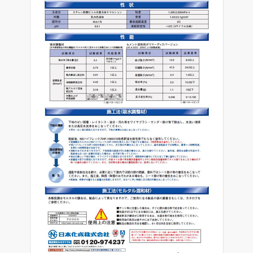 モルタル接着増強剤・吸水調整剤・プライマー。日本化成・NSハイフレックス（HF-1000）1kg/ポリ缶