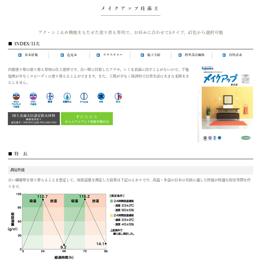 メイクアップ珪藻土（フジワラ化学工業）。アク・シミ止め機能をもたせた塗り替え専用。お好みに合わせて9色から選択可能。