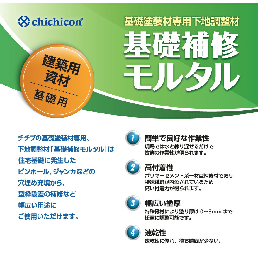 チチブ基礎補修モルタル（15kg／袋）秩父コンクリート工業株式会社。住宅基礎コンクリートの補修に。基礎用モルタル（プレミックスモルタル）。チチブの基礎塗装材専用。